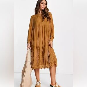 Mango Tiered Maxi Dress Size 4 Poly Blend Light Brown Long Sleeves Lined